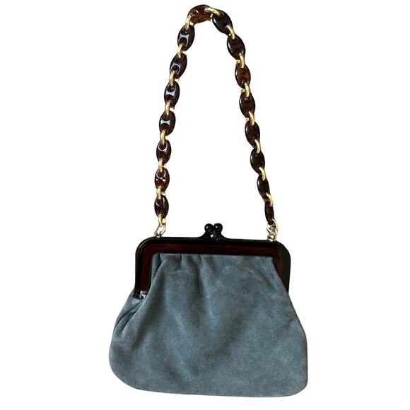 Vintage Walborg Suede Evening Bag – Grey Suede, Tortoise Lucite Frame & Chain - Picture 1 of 6